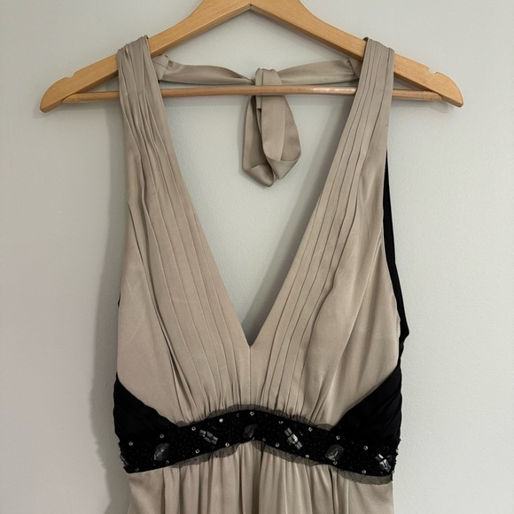 BCBG Maxazria Low Cut Front Open Back Champagne and Black Beaded Gown Size 4 - Picture 2 of 13